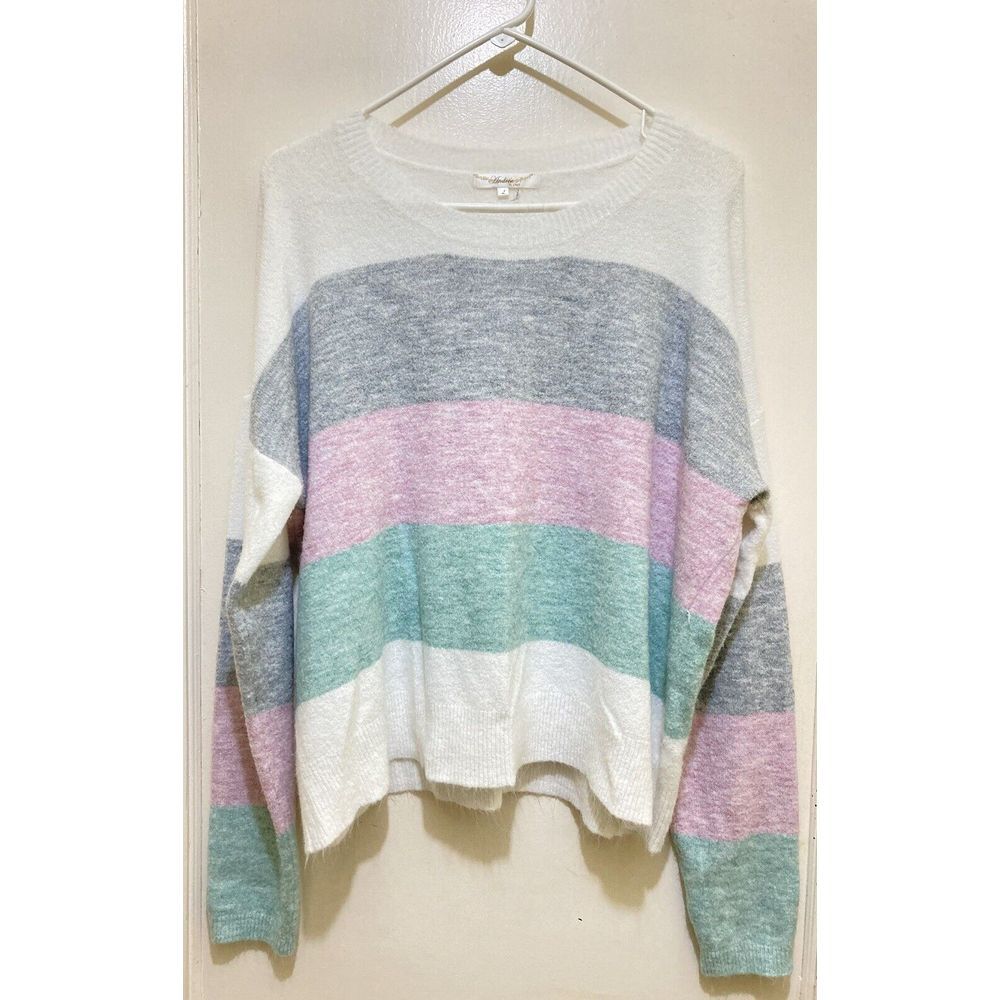 Andree By Unit Sweater Women's‎ L White Gray Pink Green Striped Fuzzy Soft Cozy